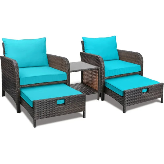 Balcony Furniture 5-Piece Patio Conversation Set – PE Wicker Lounge Chairs with Cushions, 2 Ottomans & Glass Table
