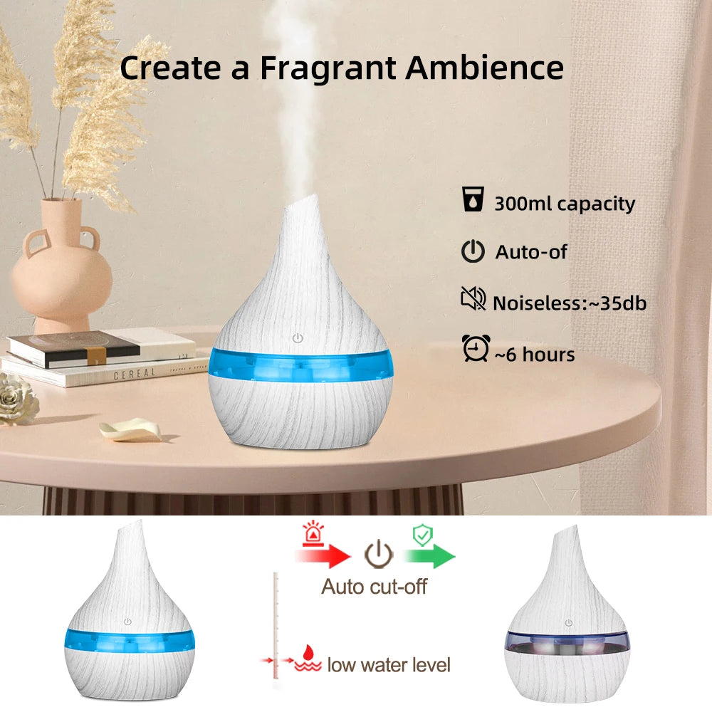 300ml USB Essential Oil Diffusers Ultrasonic Air Humidifier with 7-Color LED lights Cool Mist Maker