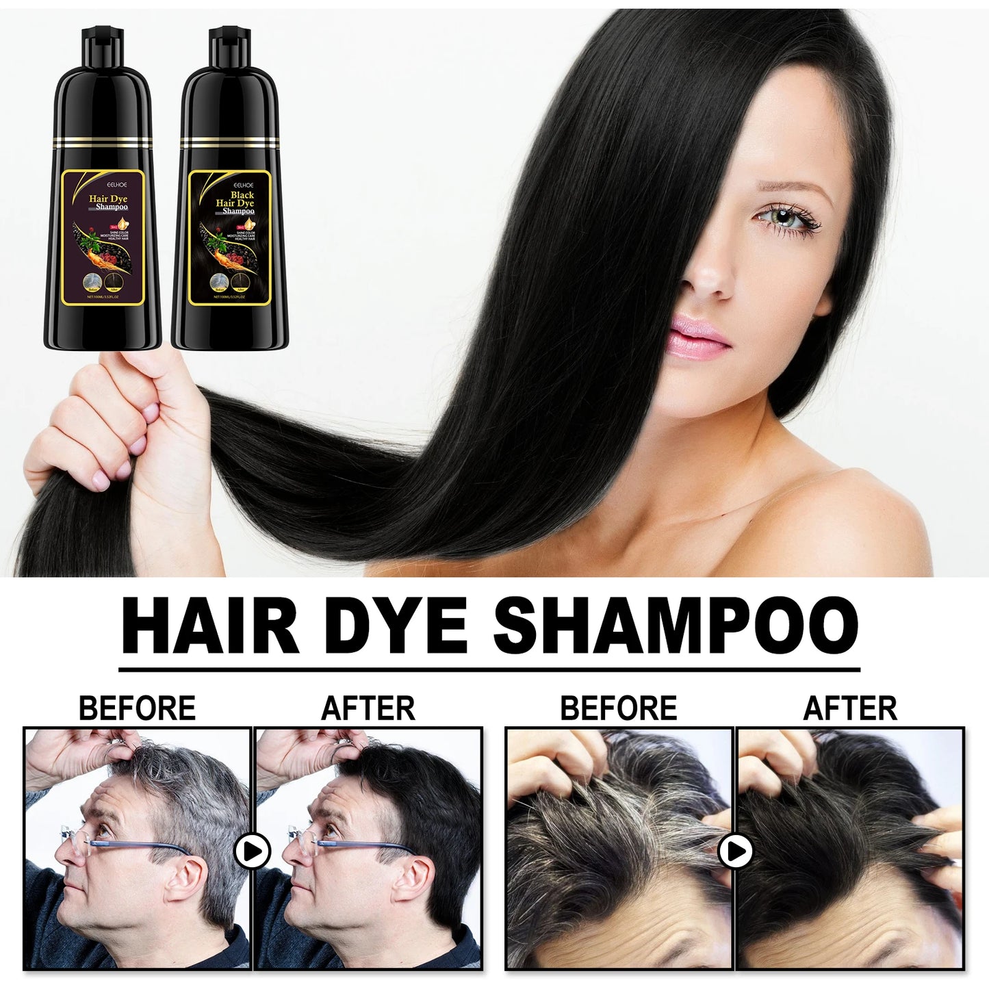 EELHOE 100ml Natural Plant Hair Dye Shampoo 3 in 1 Hair Color Shampoo Quick Dark Black -Women Men Grey Coverage