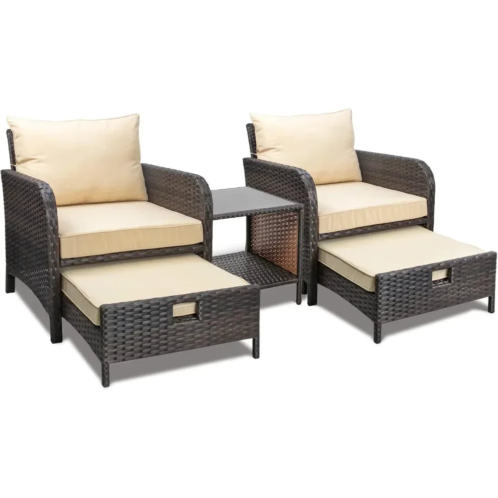 Balcony Furniture 5-Piece Patio Conversation Set – PE Wicker Lounge Chairs with Cushions, 2 Ottomans & Glass Table