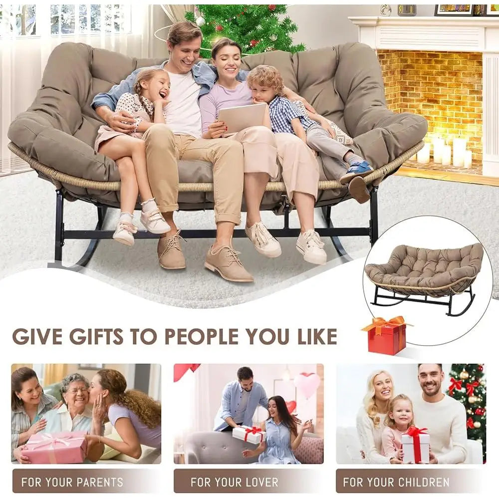 Double Rocking Chair Loveseat Indoor Outdoor Papasan Chair with Cushion 700lbs Weight Capacity
