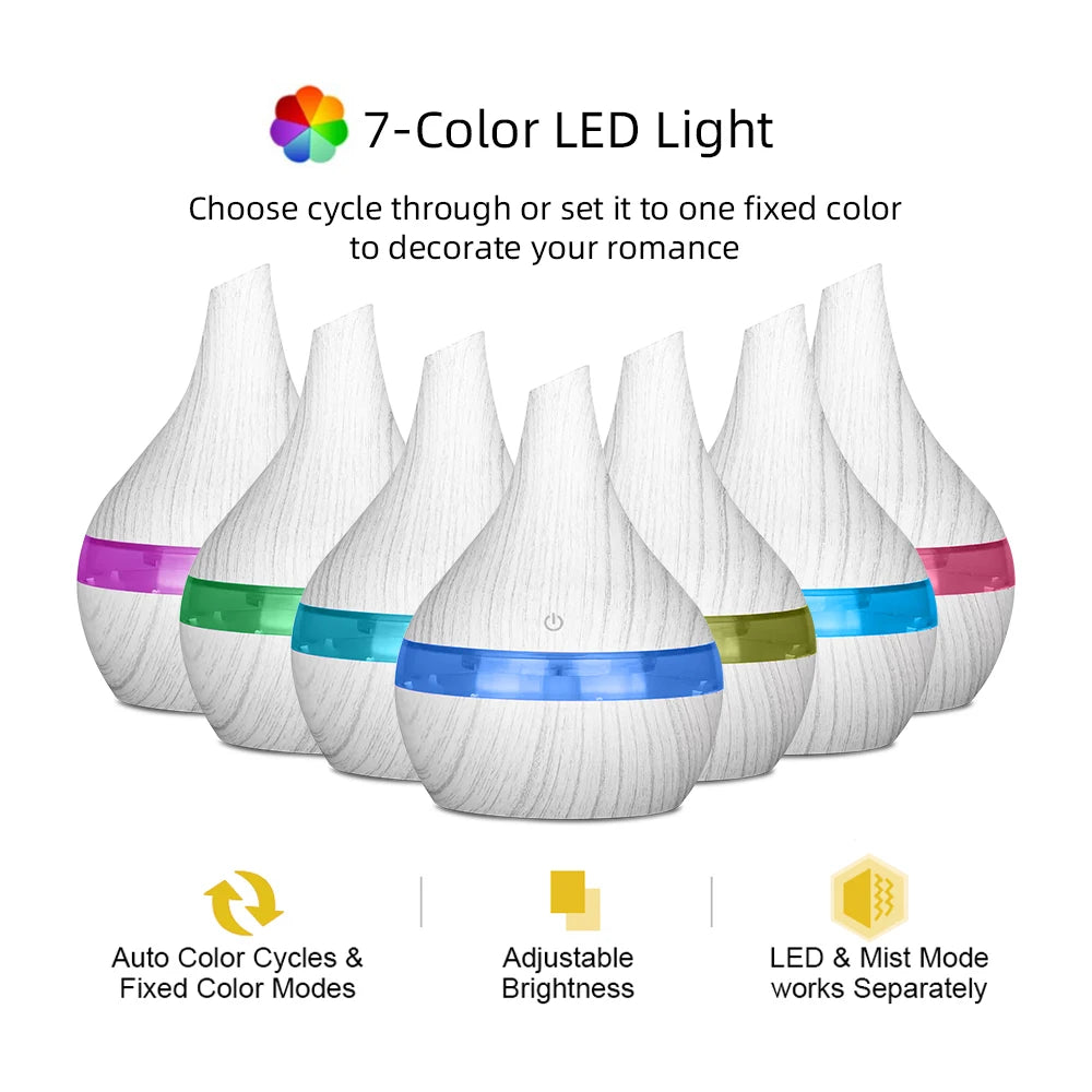 300ml USB Essential Oil Diffusers Ultrasonic Air Humidifier with 7-Color LED lights Cool Mist Maker