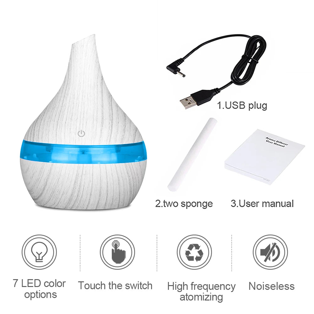 300ml USB Essential Oil Diffusers Ultrasonic Air Humidifier with 7-Color LED lights Cool Mist Maker