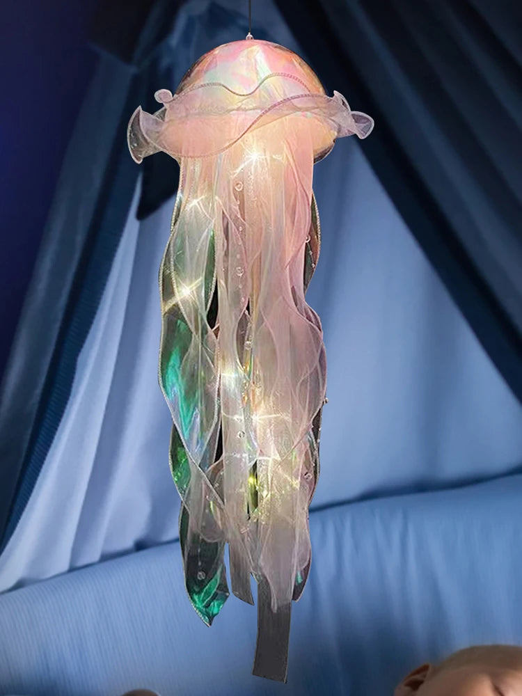 Jellyfish Atmosphere Night Light Button Battery Hanging Ceiling Lantern Realistic with Ribbon&Bead
