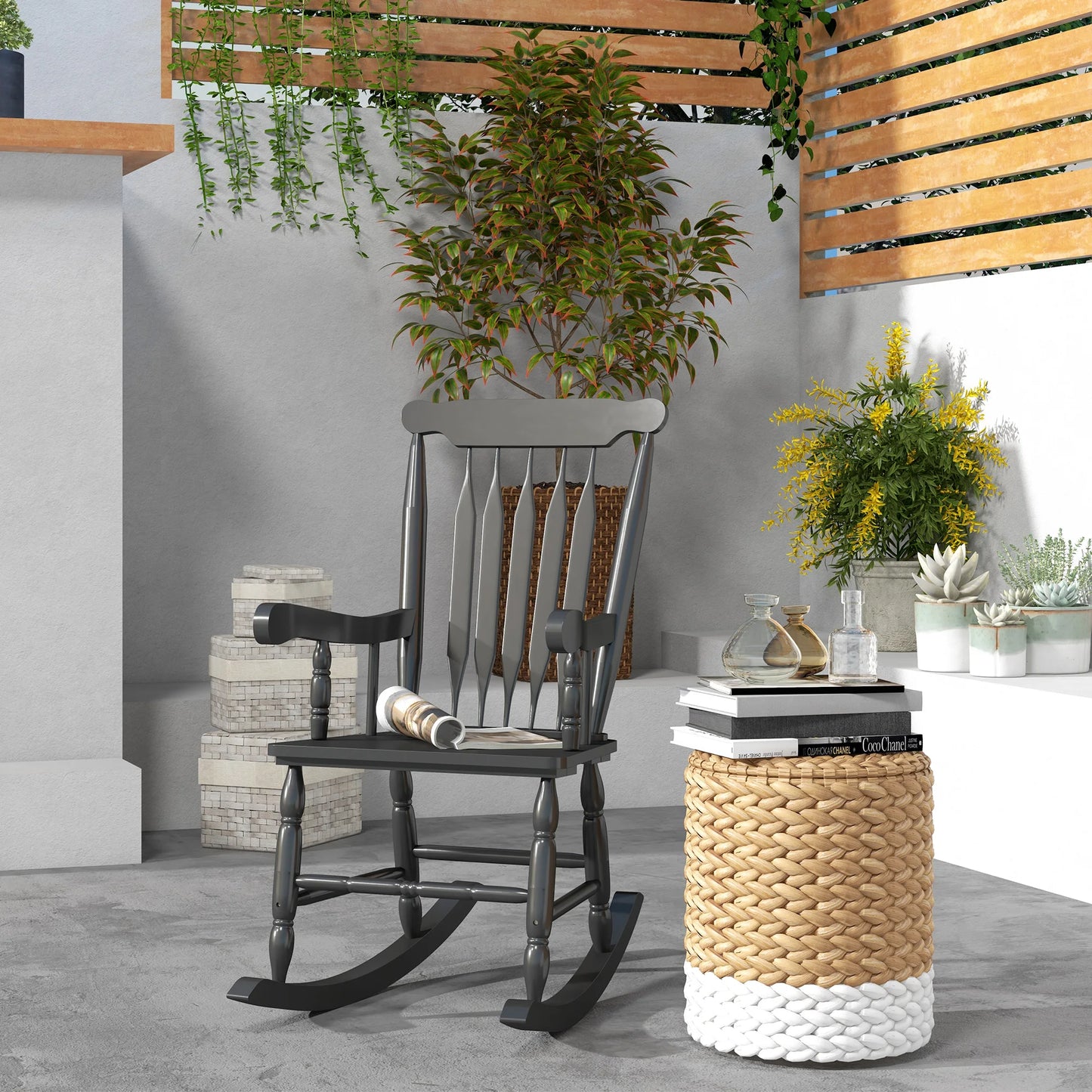 Outsunny 350 lbs Outdoor Wood Rocking Chair with High Back for Patio Black