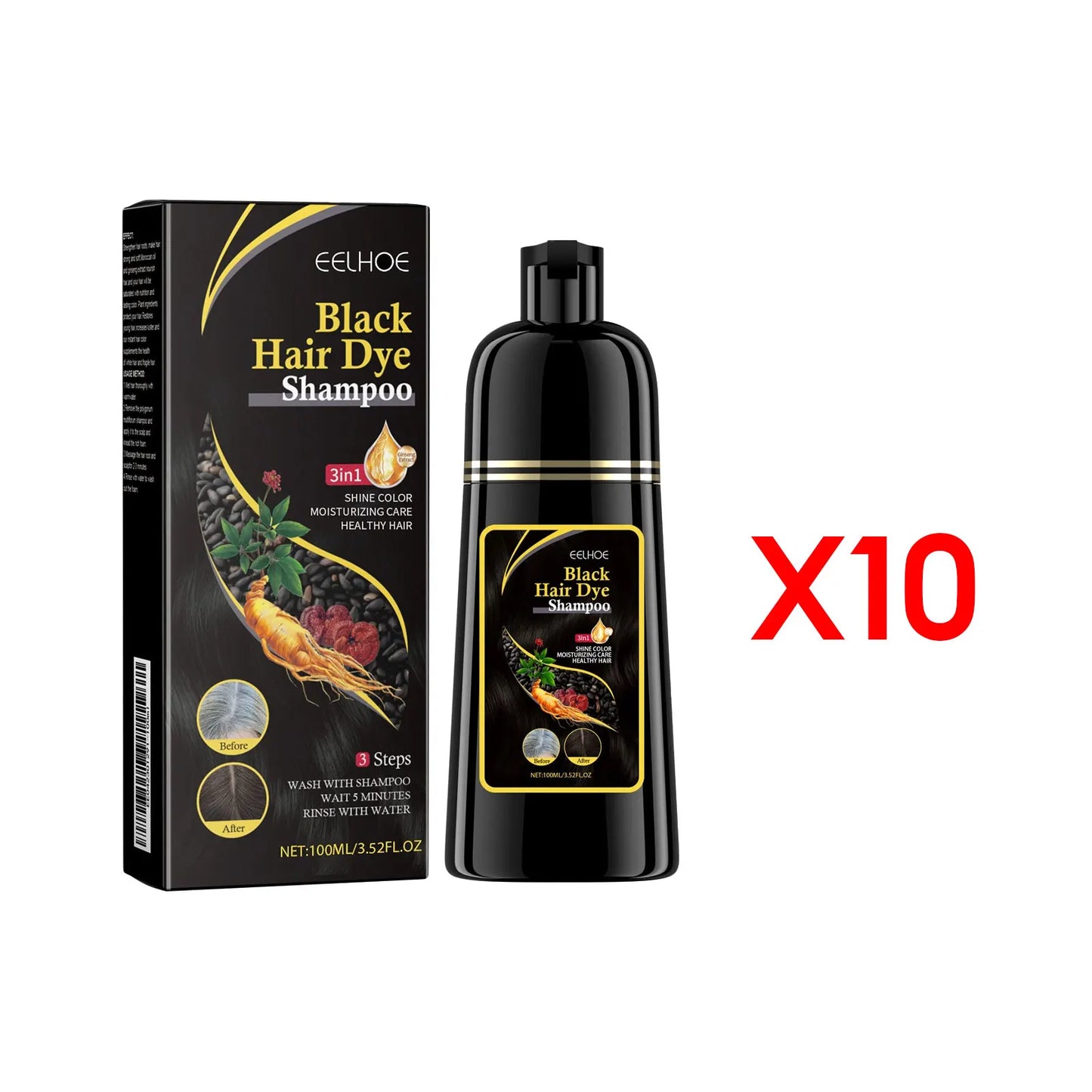 EELHOE 100ml Natural Plant Hair Dye Shampoo 3 in 1 Hair Color Shampoo Quick Dark Black -Women Men Grey Coverage