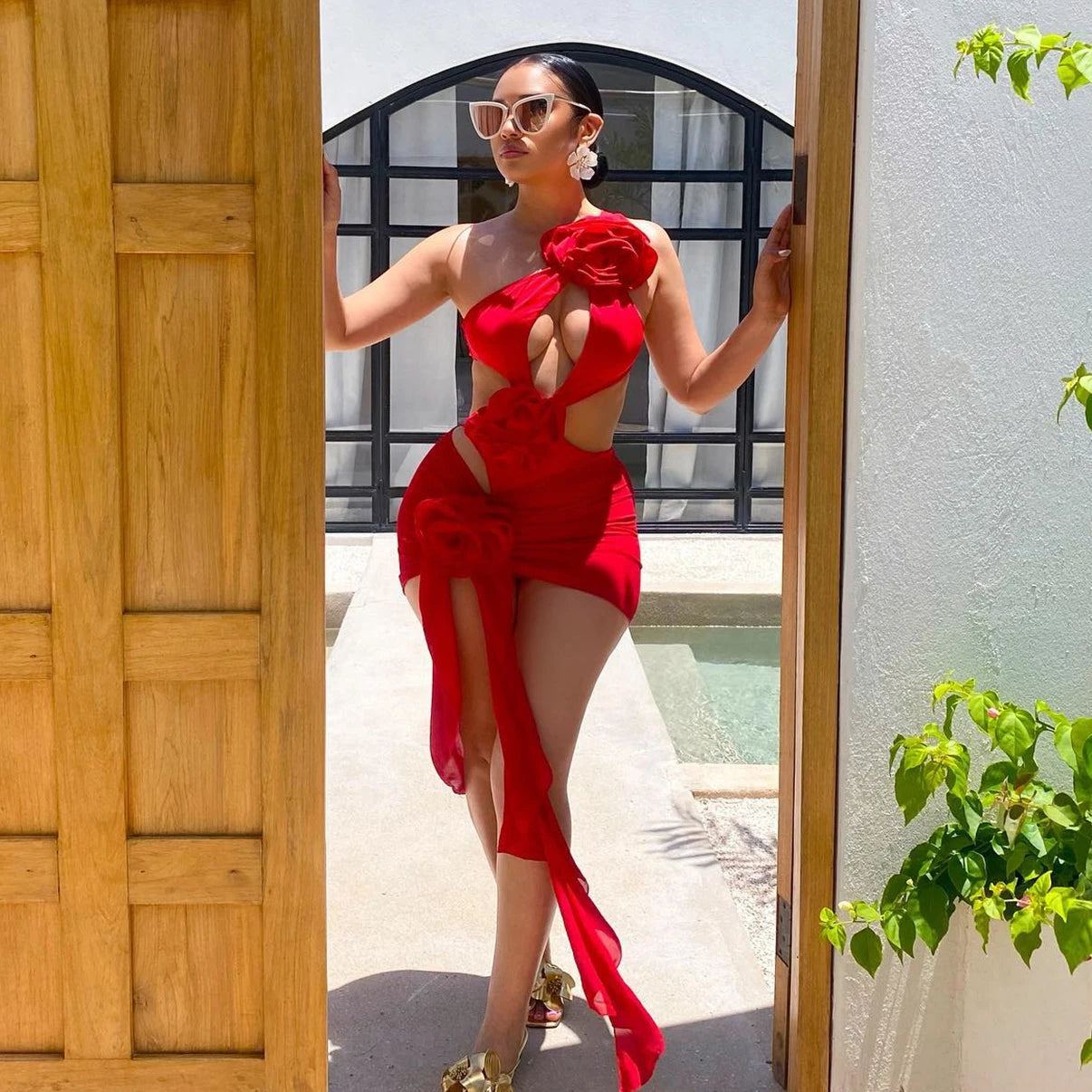 2025 Red Flower Swimsuit With Cover Up Desire Swim Suit Luxury Women Swimwear